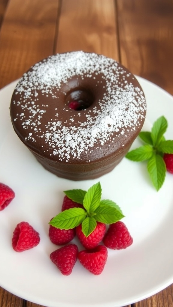 A decadent flourless chocolate cake dusted with powdered sugar, garnished with raspberries and mint on a rustic table.